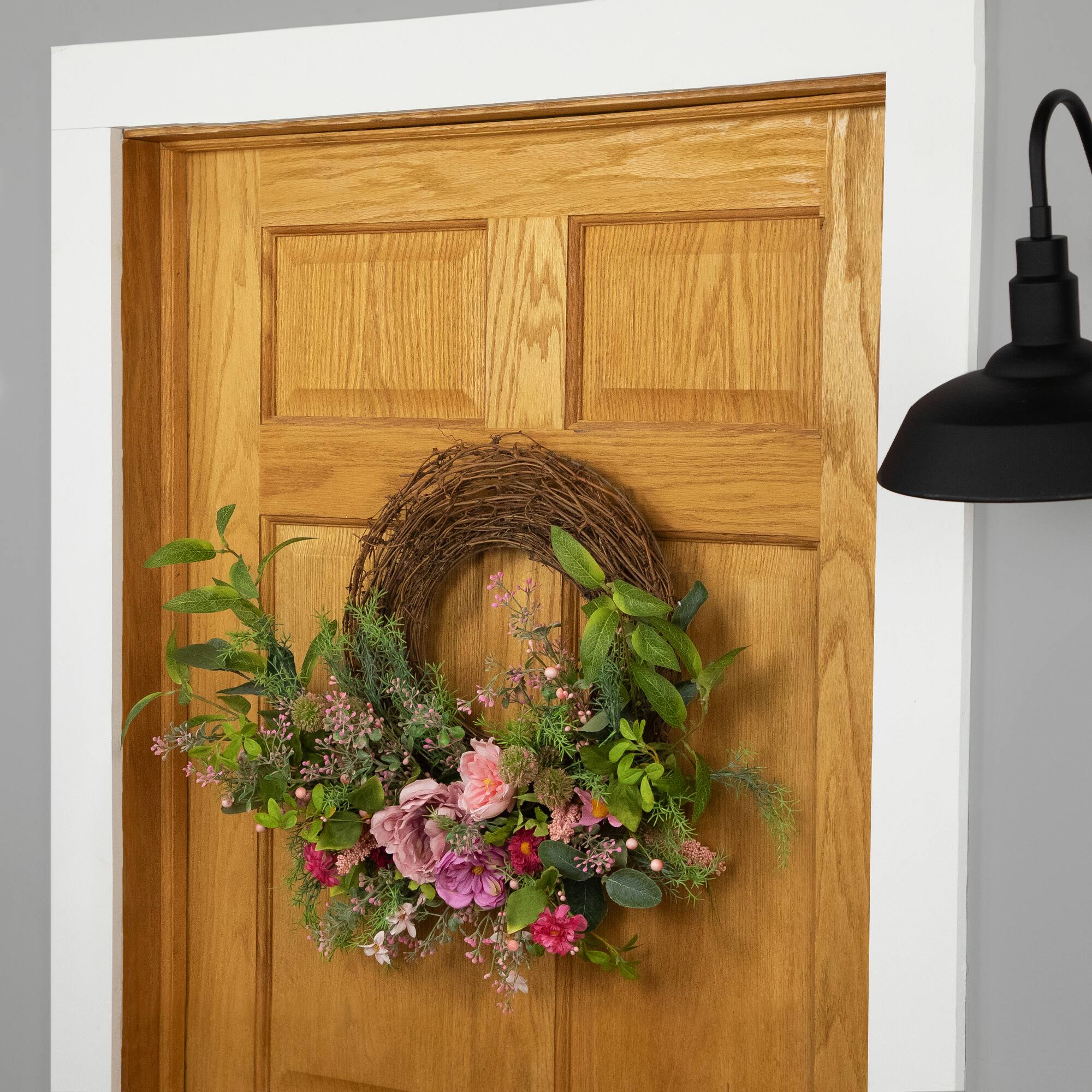 28" Pink Peony Mixed Floral Half Spring Wreath